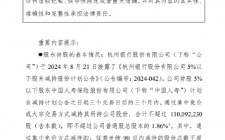 杭州银行：中国人寿减持5930.28万股公司股份