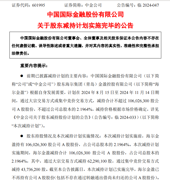 二股东海尔金盈清仓减持中金公司，历时两年套现143亿-第1张图片-车辆报废_报废车厂_报废汽车回收_北京报废车-「北京报废汽车解体中心」